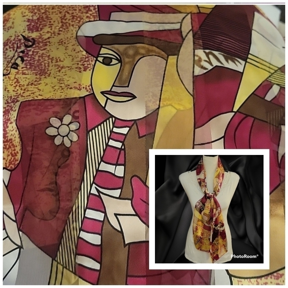 Bijoux TERNER Magenta Yellow Cubic Picasso Satin Whimsy Scarf